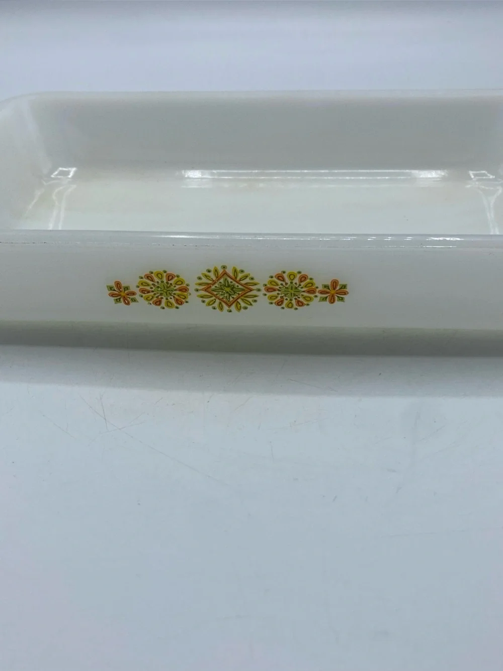 Glasbake Vintage Atomic Pinwheel Baking 10” Pan Made in USA Milk Glass 1.5” Deep